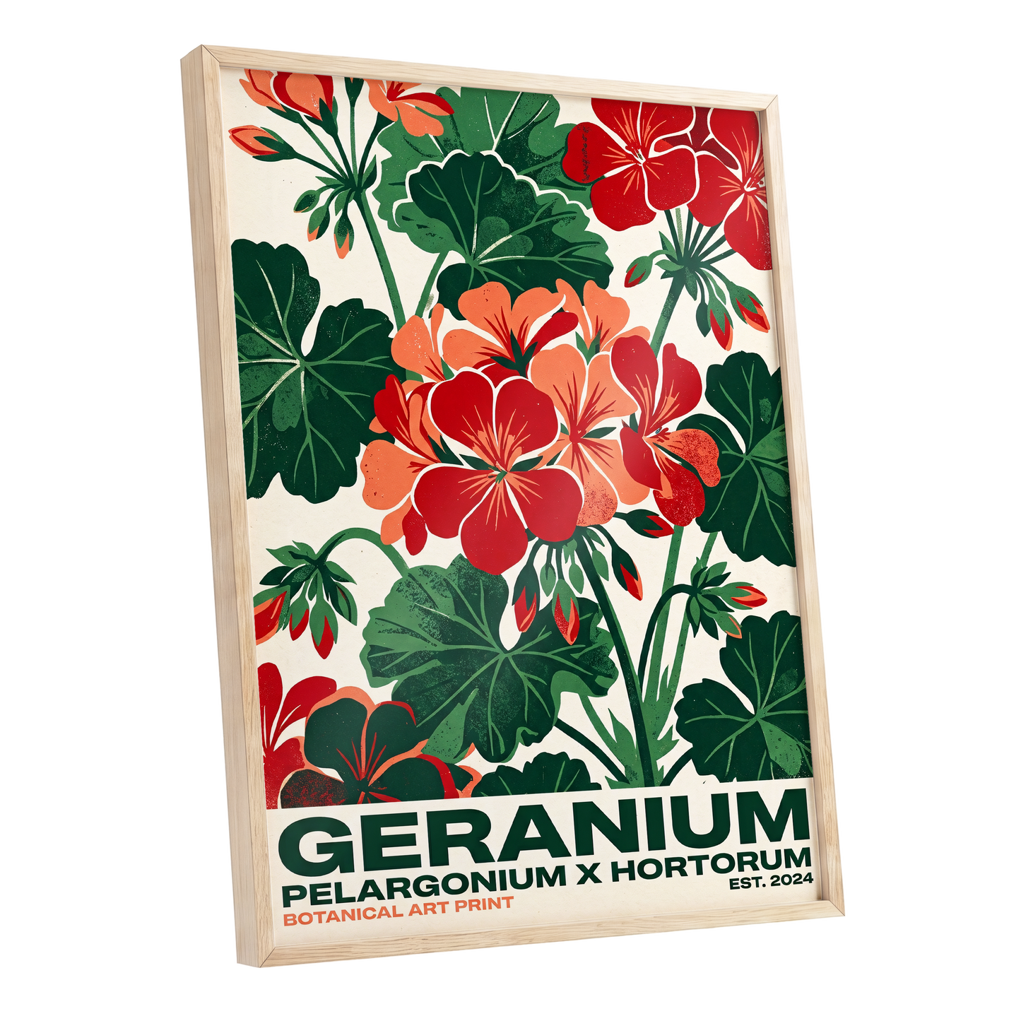 Geranium Garden, green, red, beige floral wall art shown as a oak framed poster wall art print