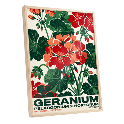 Geranium Garden, green, red, beige floral wall art shown as a oak framed poster wall art print