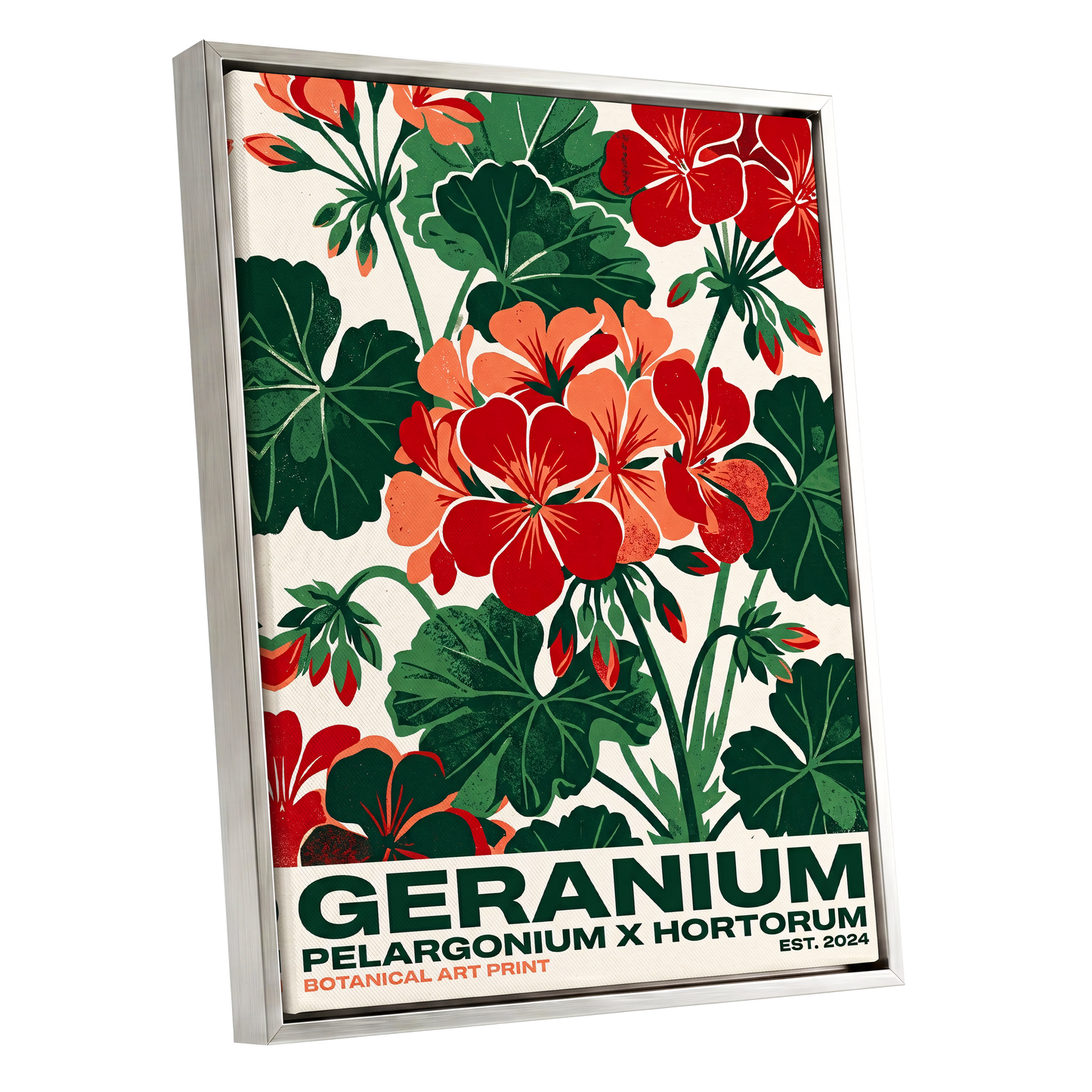 Geranium Garden, green, red, beige floral wall art shown as a silver framed canvas wall art