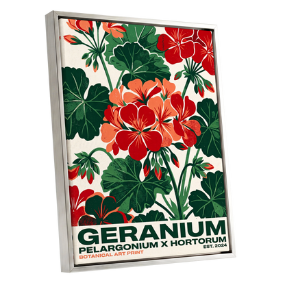 Geranium Garden, green, red, beige floral wall art shown as a silver framed canvas wall art
