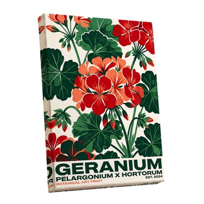 Geranium Garden, green, red, beige floral wall art shown as a stretched canvas wall art