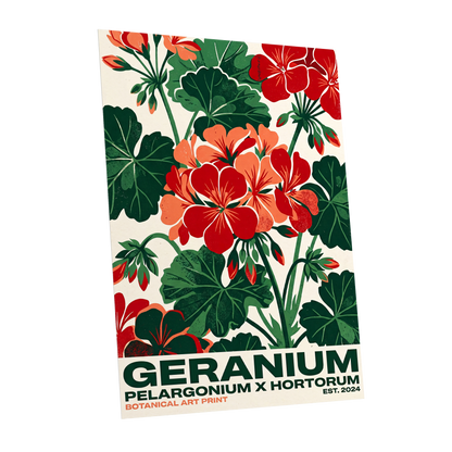 Geranium Garden, green, red, beige floral wall art shown as a unframed poster wall art print