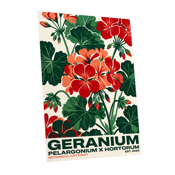 Geranium Garden, green, red, beige floral wall art shown as a unframed poster wall art print