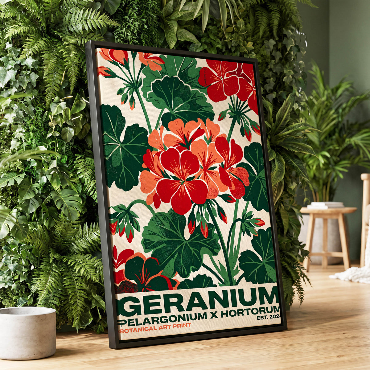 Geranium Garden, green, red, beige floral wall art displayed in a styled interior, gallery view 1