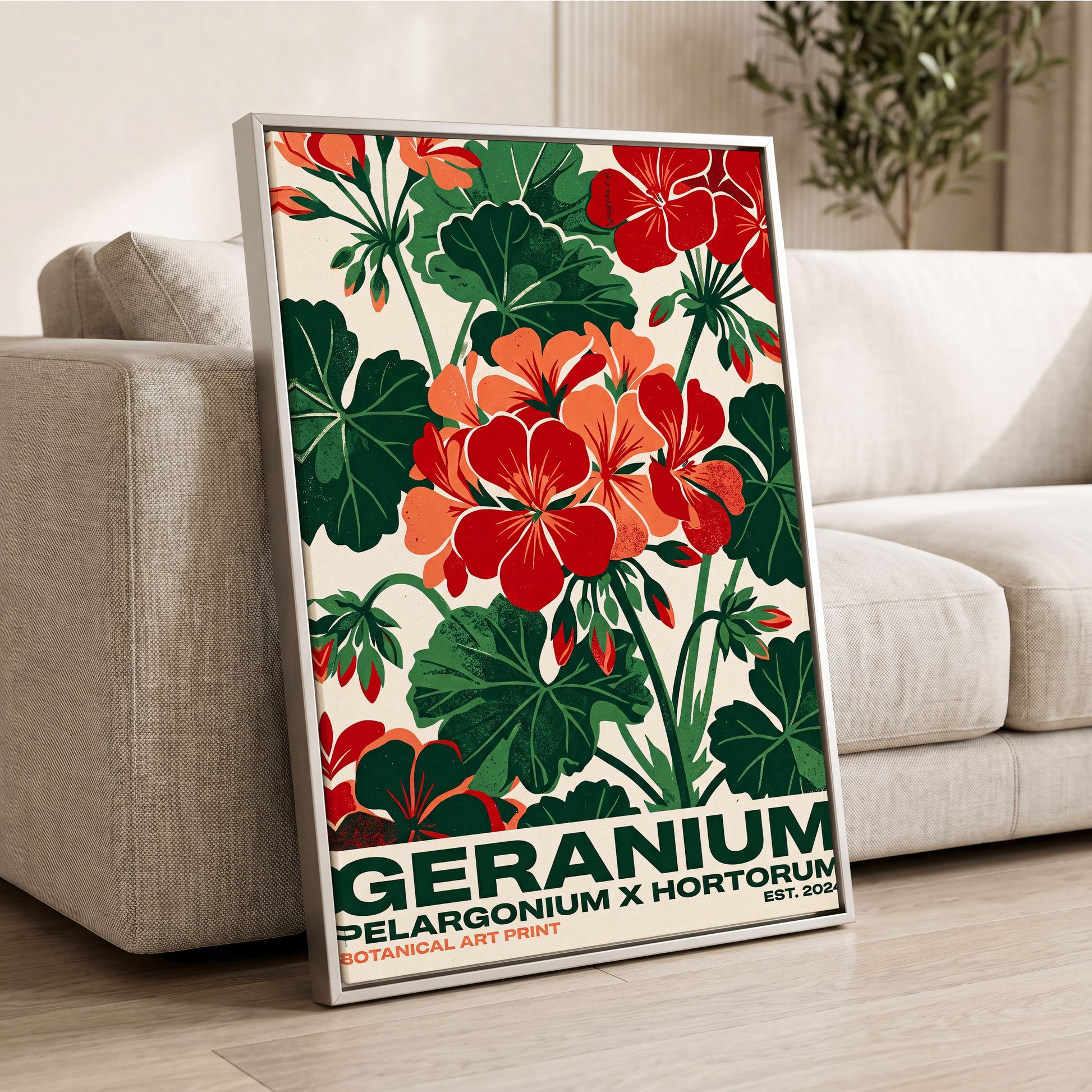 Geranium Garden, green, red, beige floral wall art displayed in a styled interior, gallery view 2