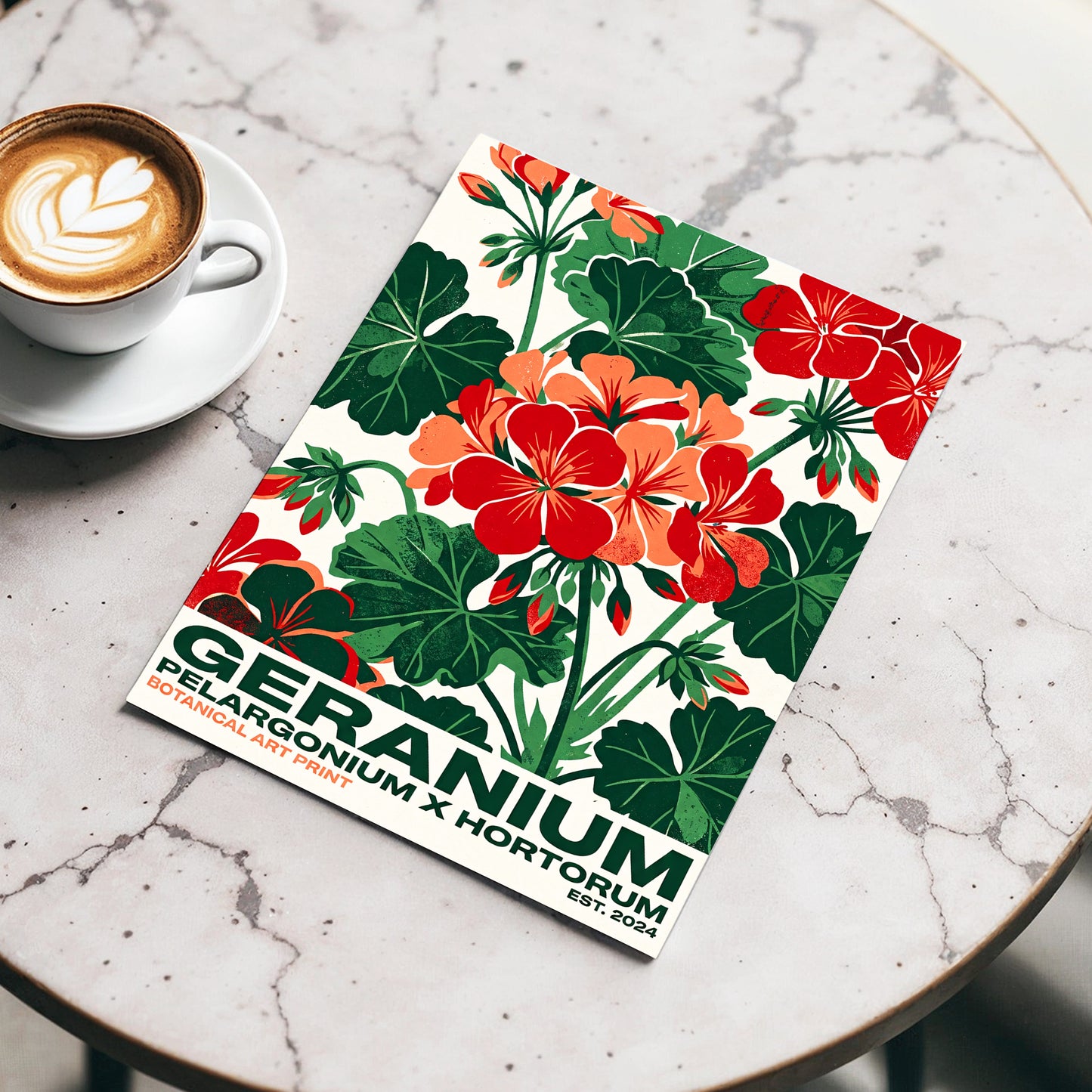 Geranium Garden, green, red, beige floral wall art displayed in a styled interior, gallery view 3