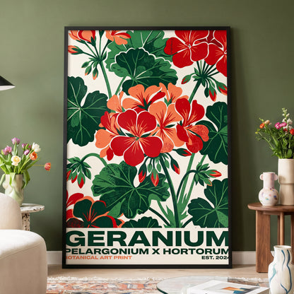 Geranium Garden, green, red, beige floral wall art displayed in a styled interior, gallery view 4