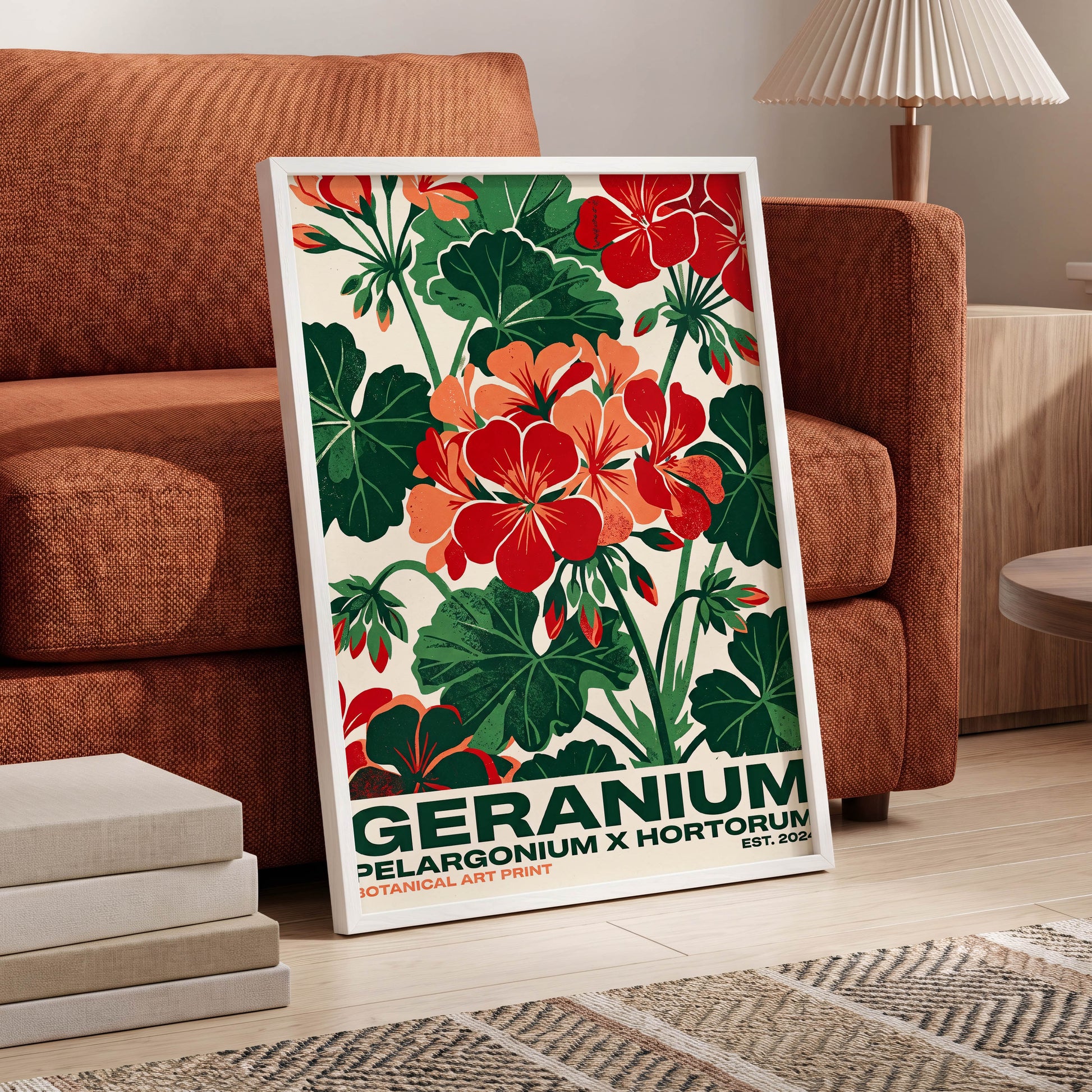 Geranium Garden, green, red, beige floral wall art displayed in a styled interior, gallery view 6
