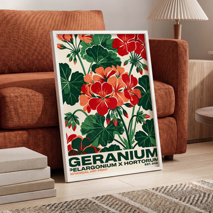 Geranium Garden, green, red, beige floral wall art displayed in a styled interior, gallery view 6