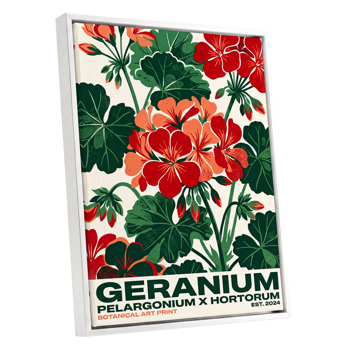 Geranium Garden, green, red, beige floral wall art shown as a white framed canvas wall art