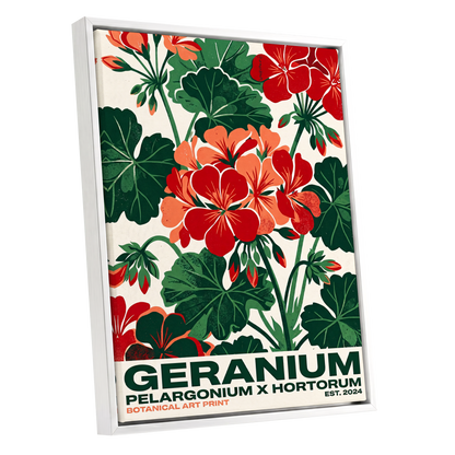 Geranium Garden, green, red, beige floral wall art shown as a white framed canvas wall art