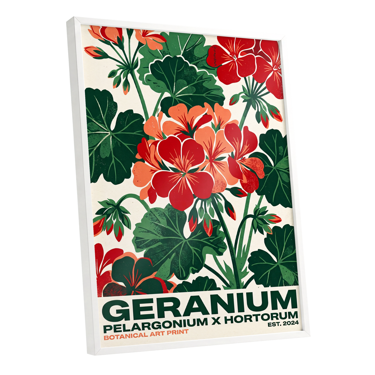 Geranium Garden, green, red, beige floral wall art shown as a white framed poster wall art print