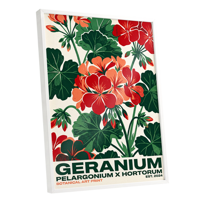 Geranium Garden, green, red, beige floral wall art shown as a white framed poster wall art print