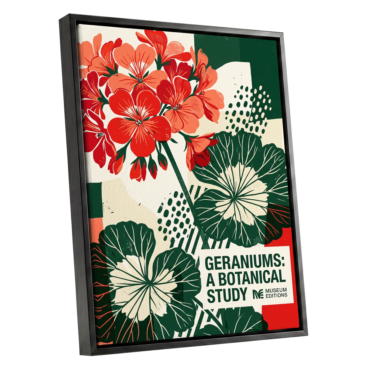 Geranium Graphic Study, red, green, beige floral wall art shown as a black framed canvas wall art