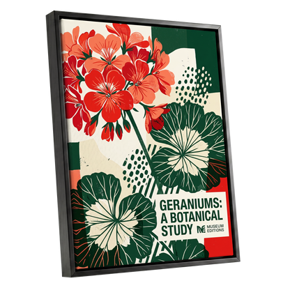 Geranium Graphic Study, red, green, beige floral wall art shown as a black framed canvas wall art