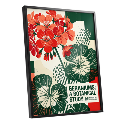 Geranium Graphic Study, red, green, beige floral wall art shown as a black framed poster wall art print