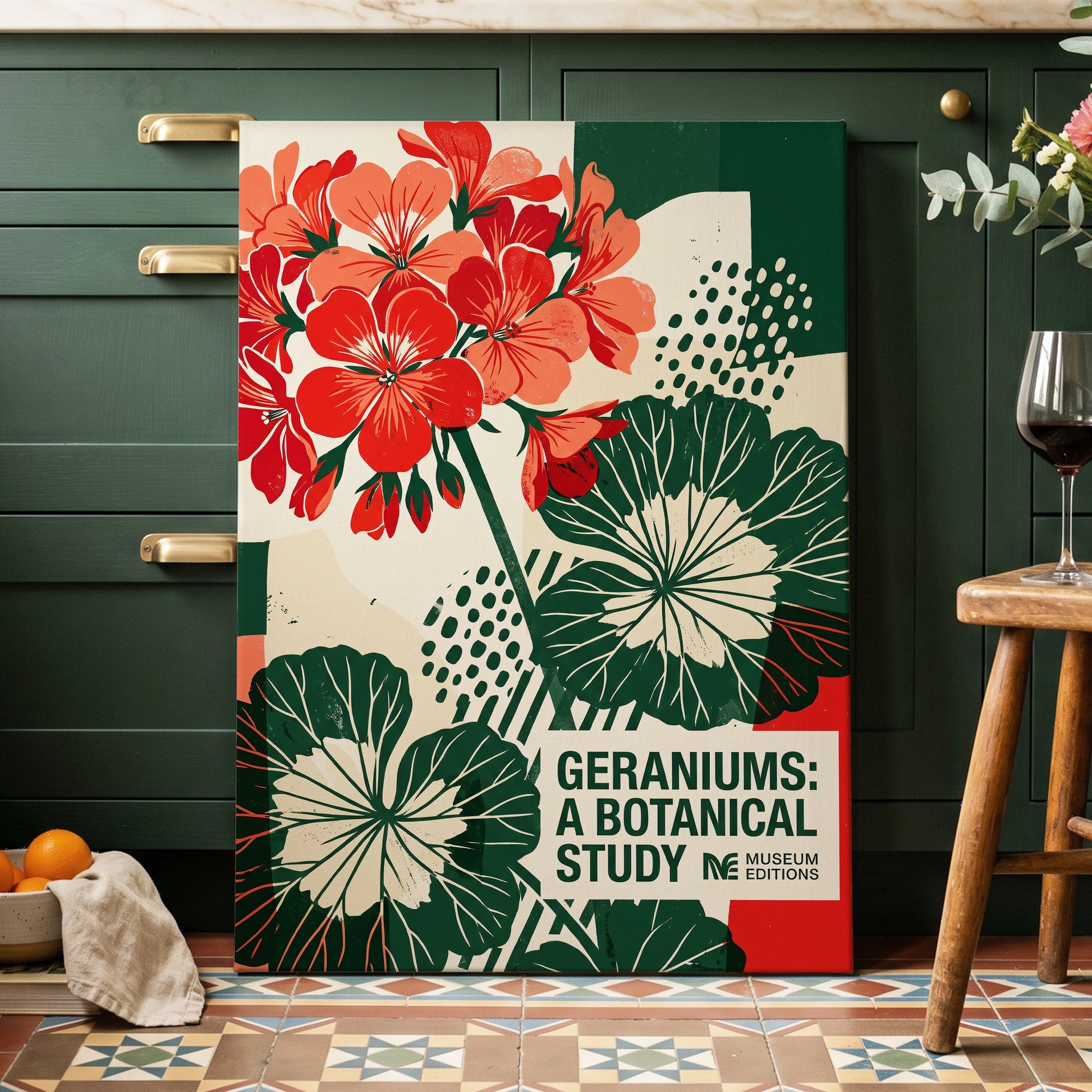 Geranium Graphic Study, red, green, beige floral wall art on canvas displayed in a styled interior, gallery view 1