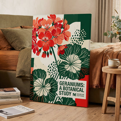 Geranium Graphic Study, red, green, beige floral wall art on canvas displayed in a styled interior, gallery view 2