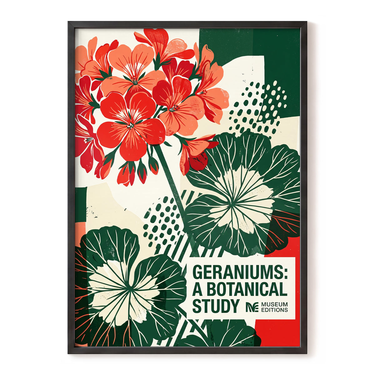 Geranium Graphic Study, red, green, beige floral wall art, front artwork view