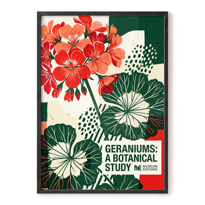 Geranium Graphic Study, red, green, beige floral wall art, front artwork view