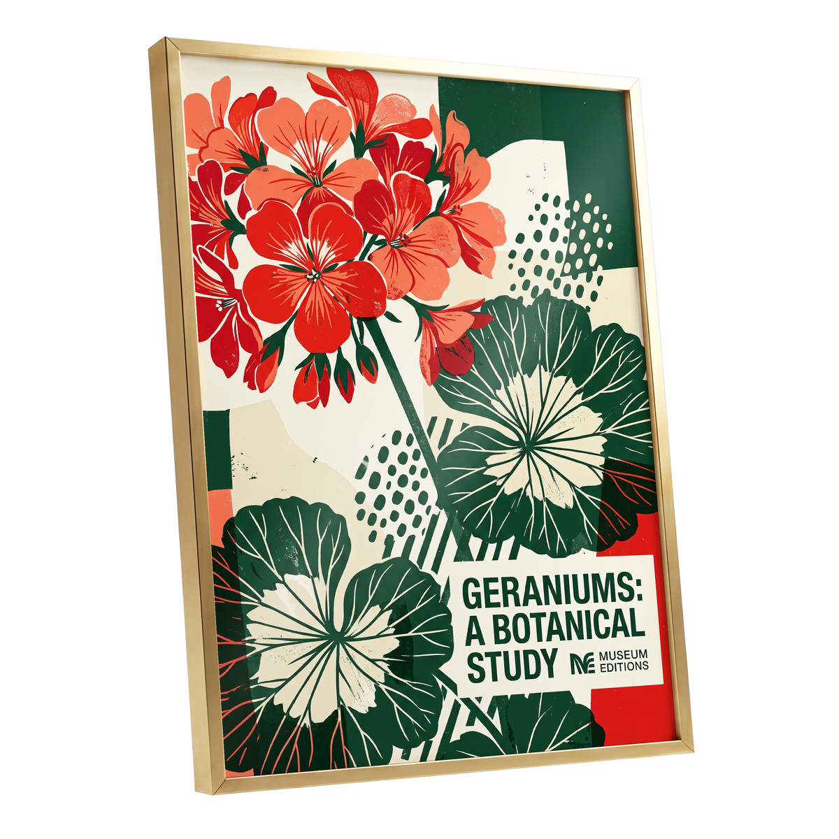 Geranium Graphic Study, red, green, beige floral wall art shown as a gold framed poster wall art print