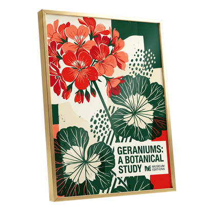 Geranium Graphic Study, red, green, beige floral wall art shown as a gold framed poster wall art print