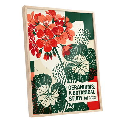 Geranium Graphic Study, red, green, beige floral wall art shown as a oak framed poster wall art print
