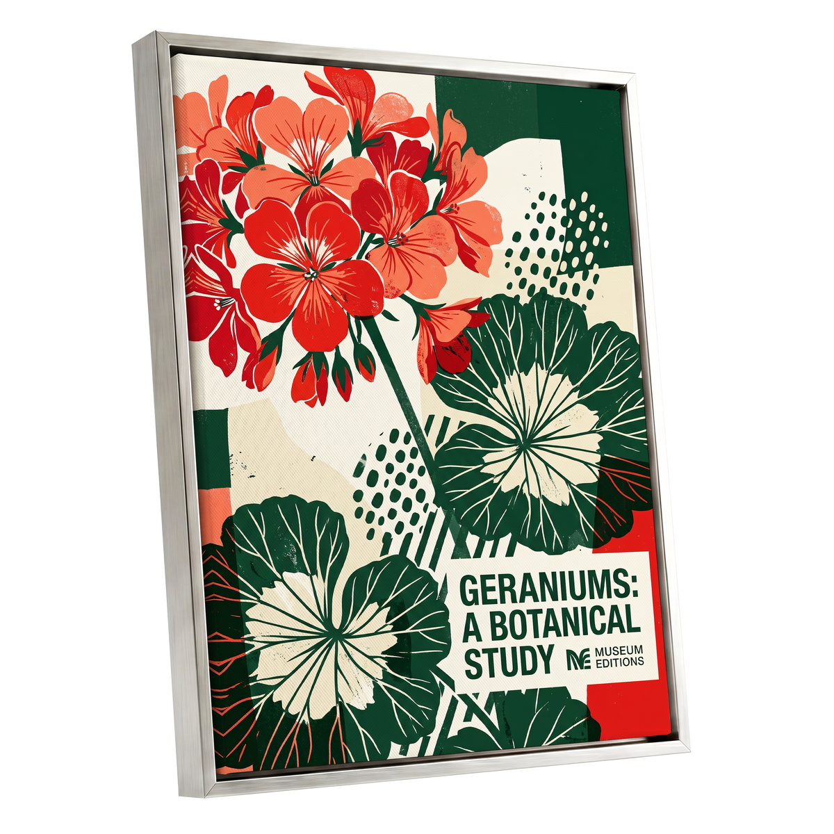Geranium Graphic Study, red, green, beige floral wall art shown as a silver framed canvas wall art