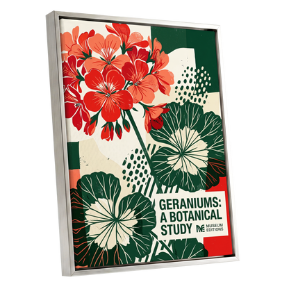 Geranium Graphic Study, red, green, beige floral wall art shown as a silver framed canvas wall art