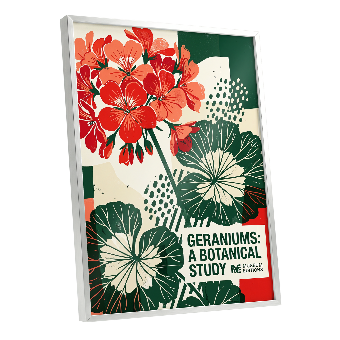 Geranium Graphic Study, red, green, beige floral wall art shown as a silver framed poster wall art print