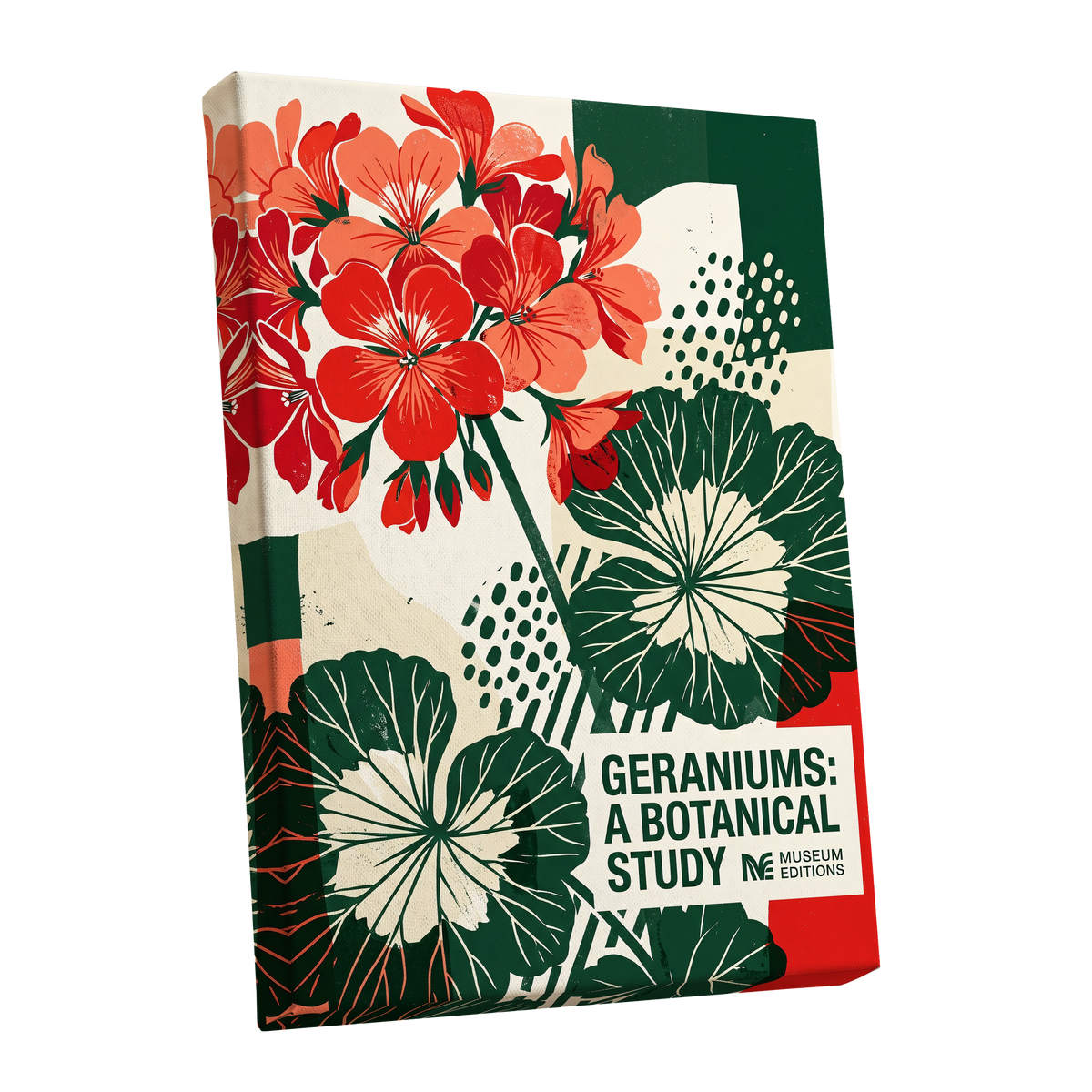 Geranium Graphic Study, red, green, beige floral wall art shown as a stretched canvas wall art