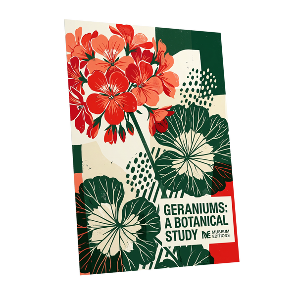 Geranium Graphic Study, red, green, beige floral wall art shown as a unframed poster wall art print