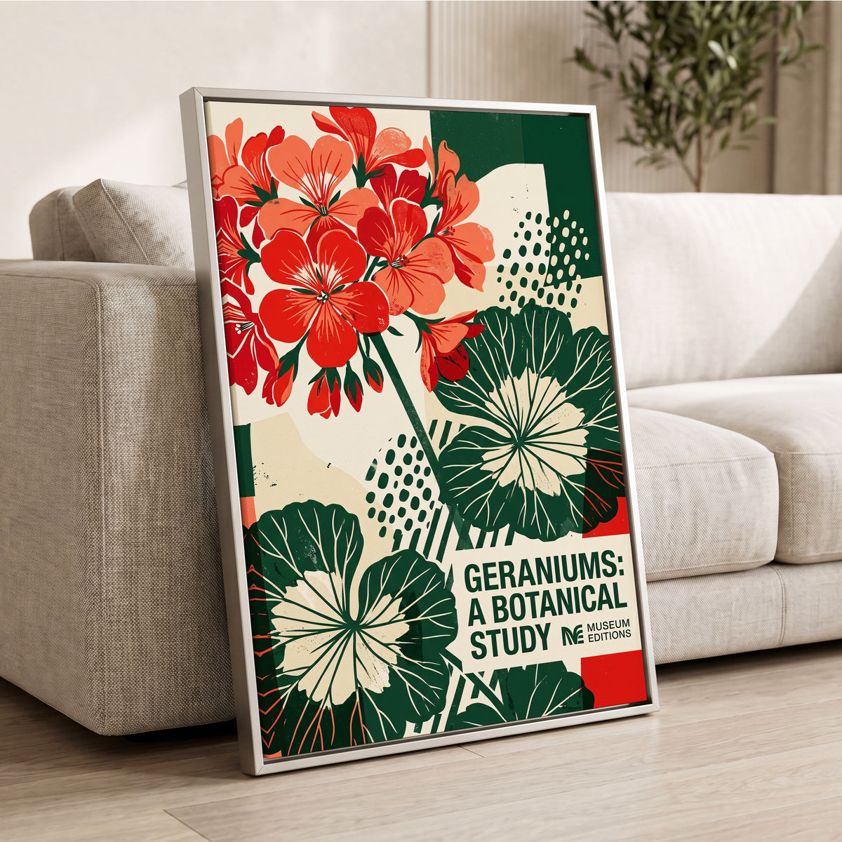 Geranium Graphic Study, red, green, beige floral wall art displayed in a styled interior, gallery view 1