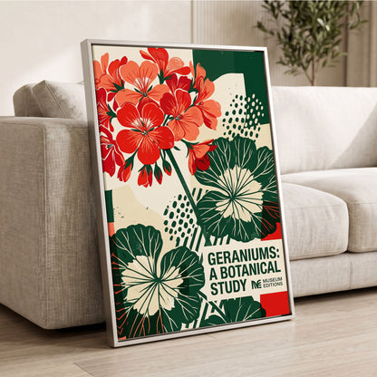 Geranium Graphic Study, red, green, beige floral wall art displayed in a styled interior, gallery view 1