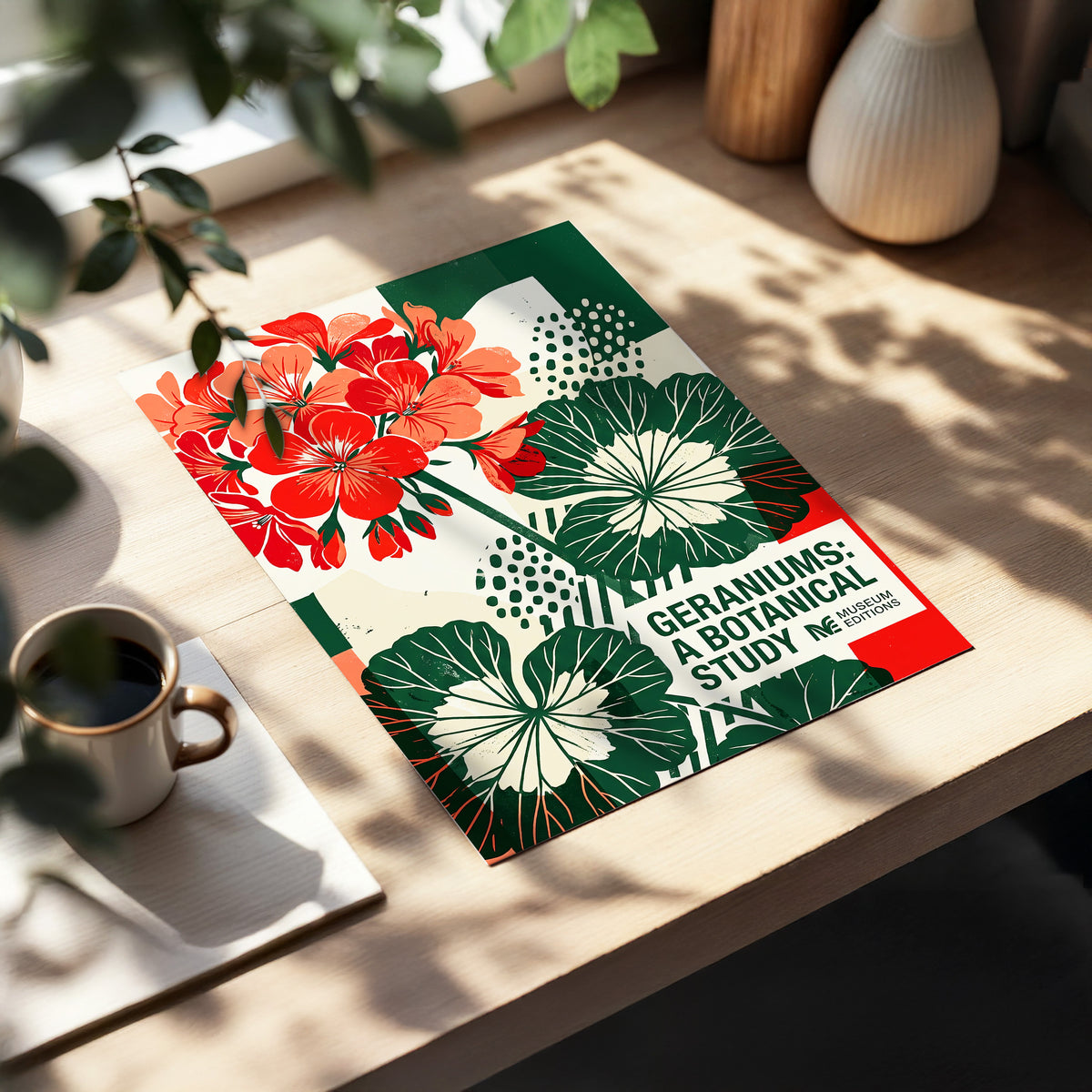 Geranium Graphic Study, red, green, beige floral wall art displayed in a styled interior, gallery view 2