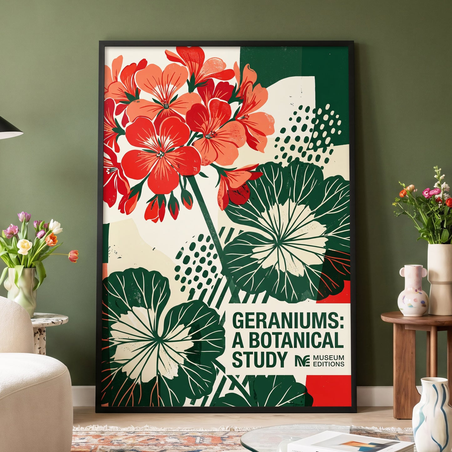 Geranium Graphic Study, red, green, beige floral wall art displayed in a styled interior, gallery view 3