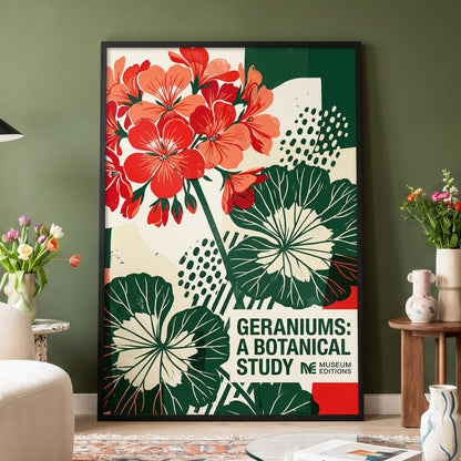 Geranium Graphic Study, red, green, beige floral wall art displayed in a styled interior, gallery view 3