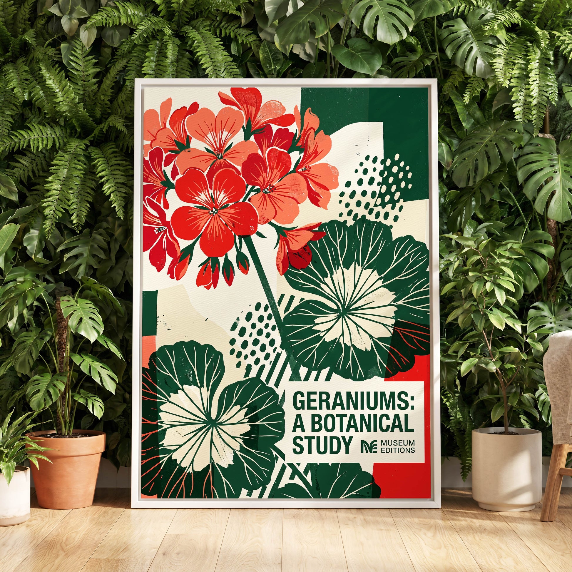 Geranium Graphic Study, red, green, beige floral wall art displayed in a styled interior, gallery view 4