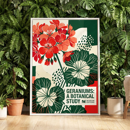 Geranium Graphic Study, red, green, beige floral wall art displayed in a styled interior, gallery view 4