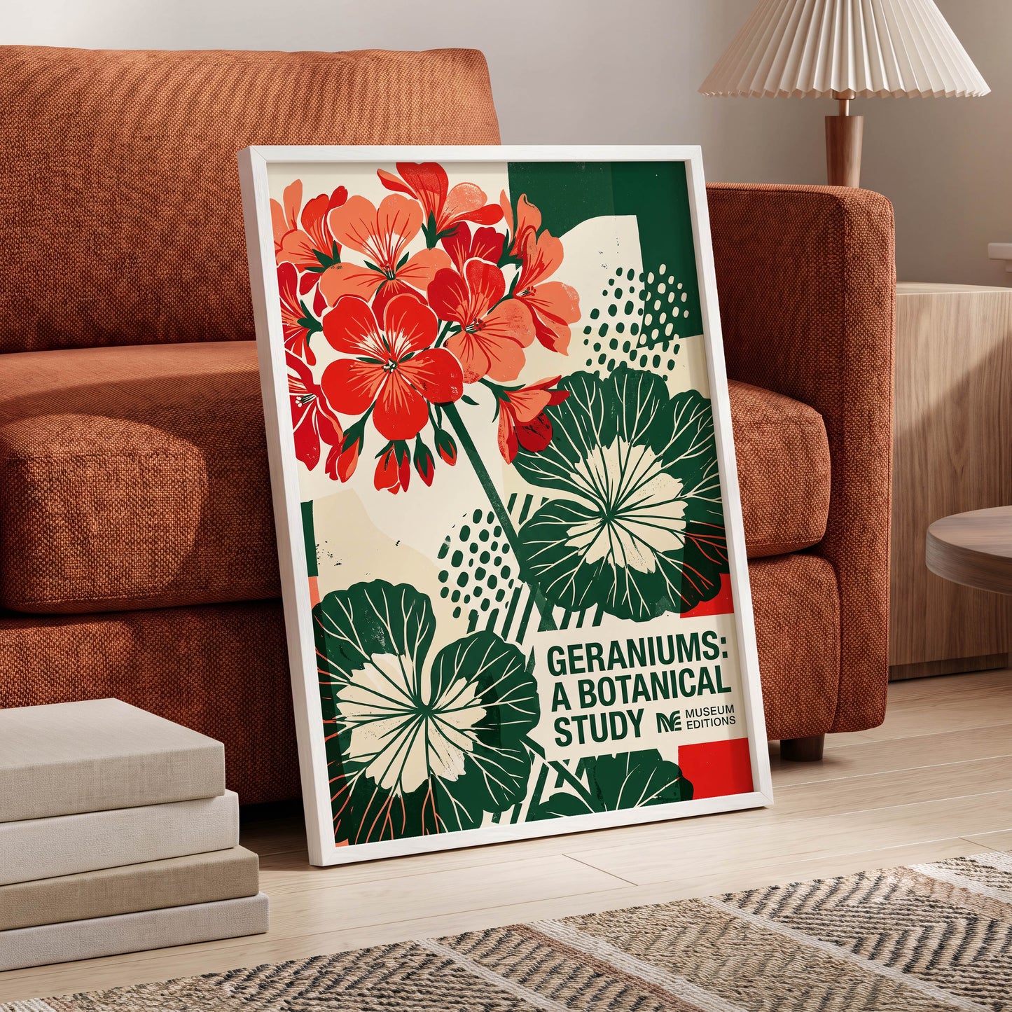 Geranium Graphic Study, red, green, beige floral wall art displayed in a styled interior, gallery view 5