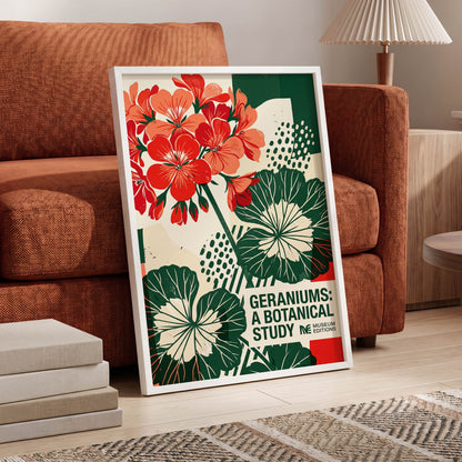 Geranium Graphic Study, red, green, beige floral wall art displayed in a styled interior, gallery view 5