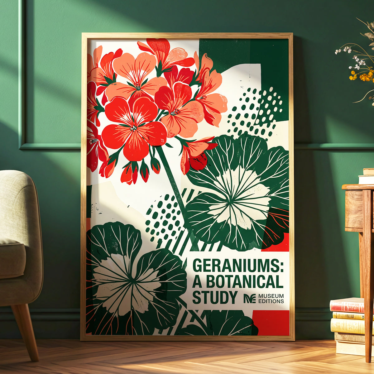 Geranium Graphic Study, red, green, beige floral wall art displayed in a styled interior, gallery view 6