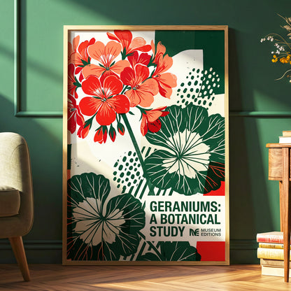 Geranium Graphic Study, red, green, beige floral wall art displayed in a styled interior, gallery view 6