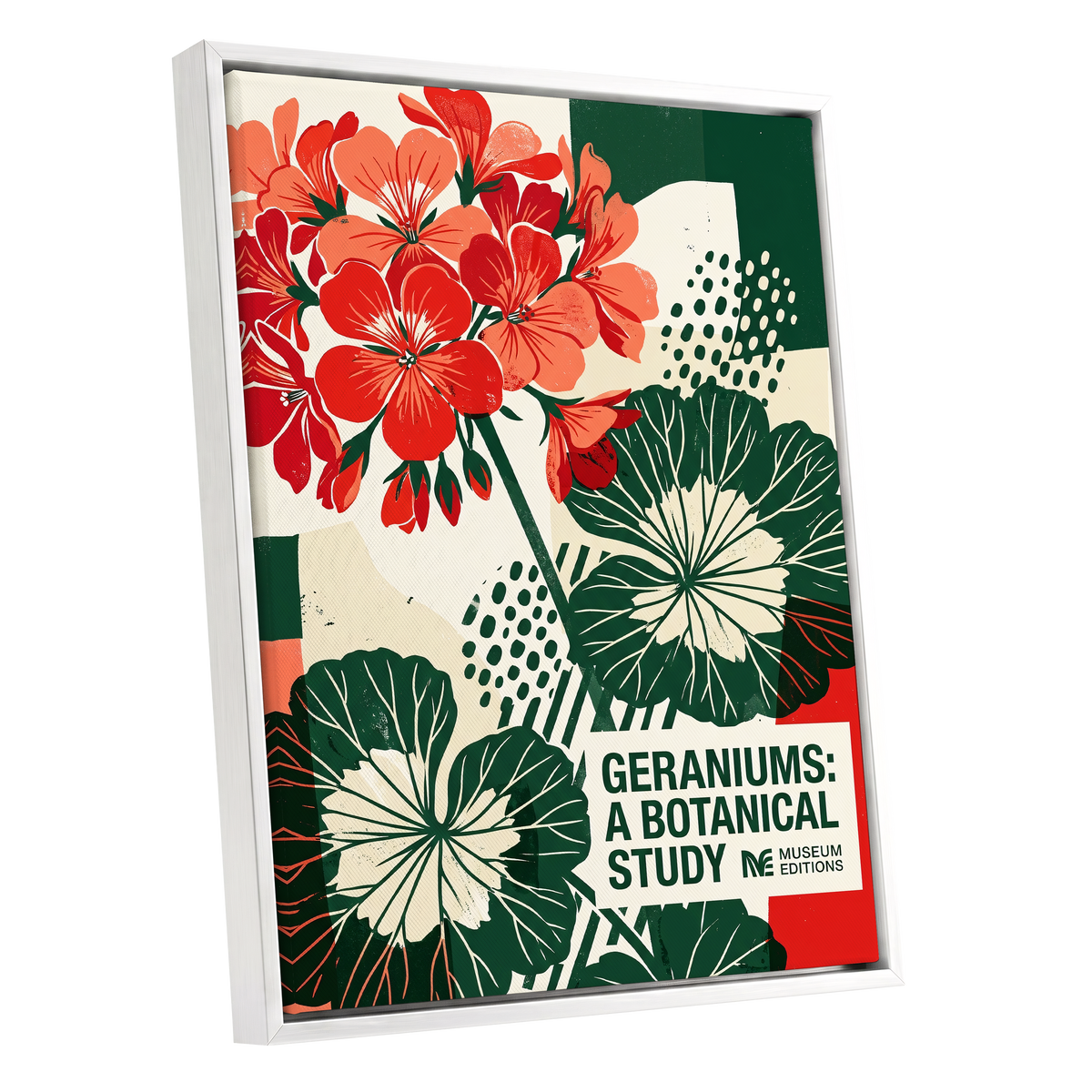 Geranium Graphic Study, red, green, beige floral wall art shown as a white framed canvas wall art