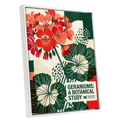 Geranium Graphic Study, red, green, beige floral wall art shown as a white framed canvas wall art