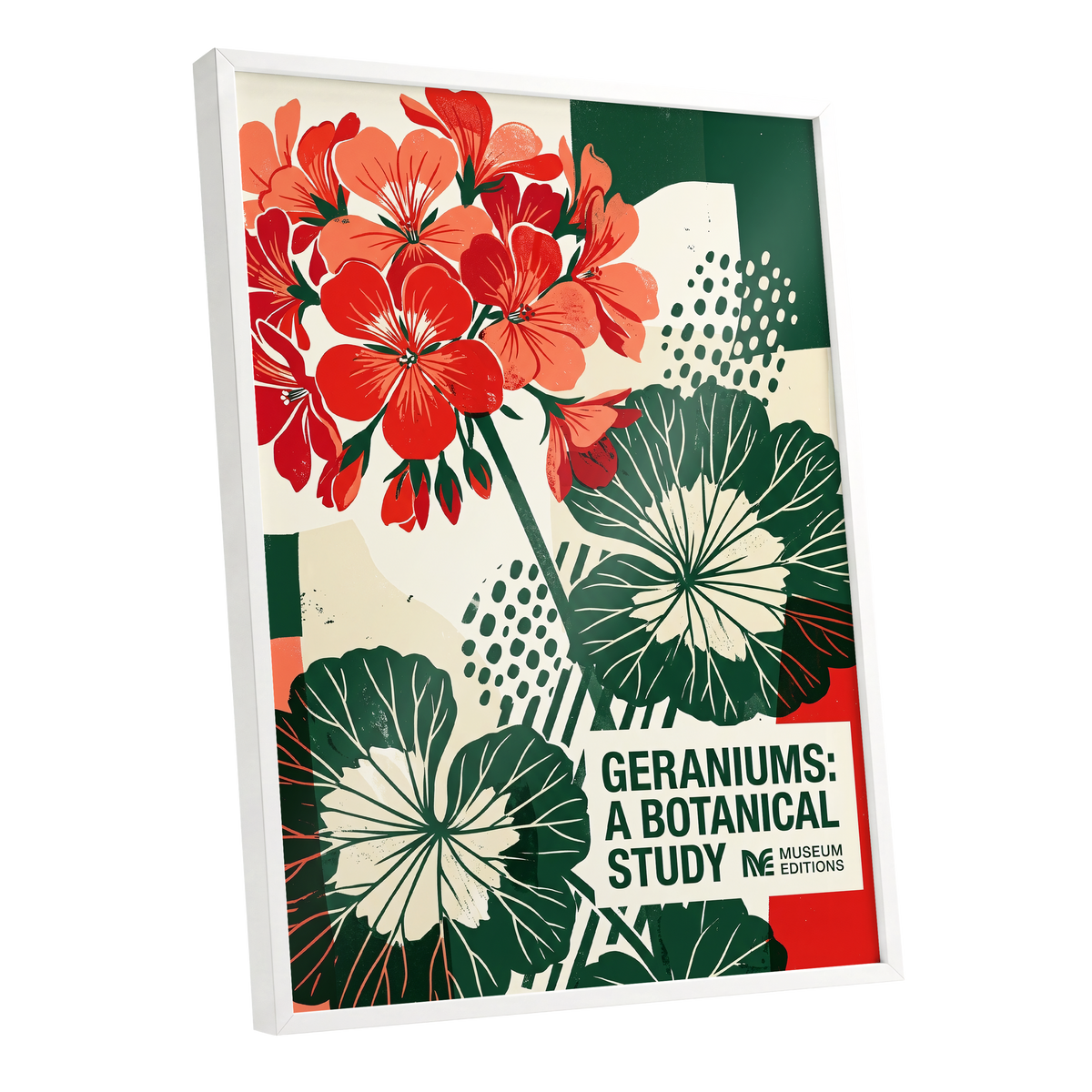 Geranium Graphic Study, red, green, beige floral wall art shown as a white framed poster wall art print