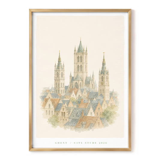 Ghent Spires, beige, gray, green minimalist wall art, front artwork view