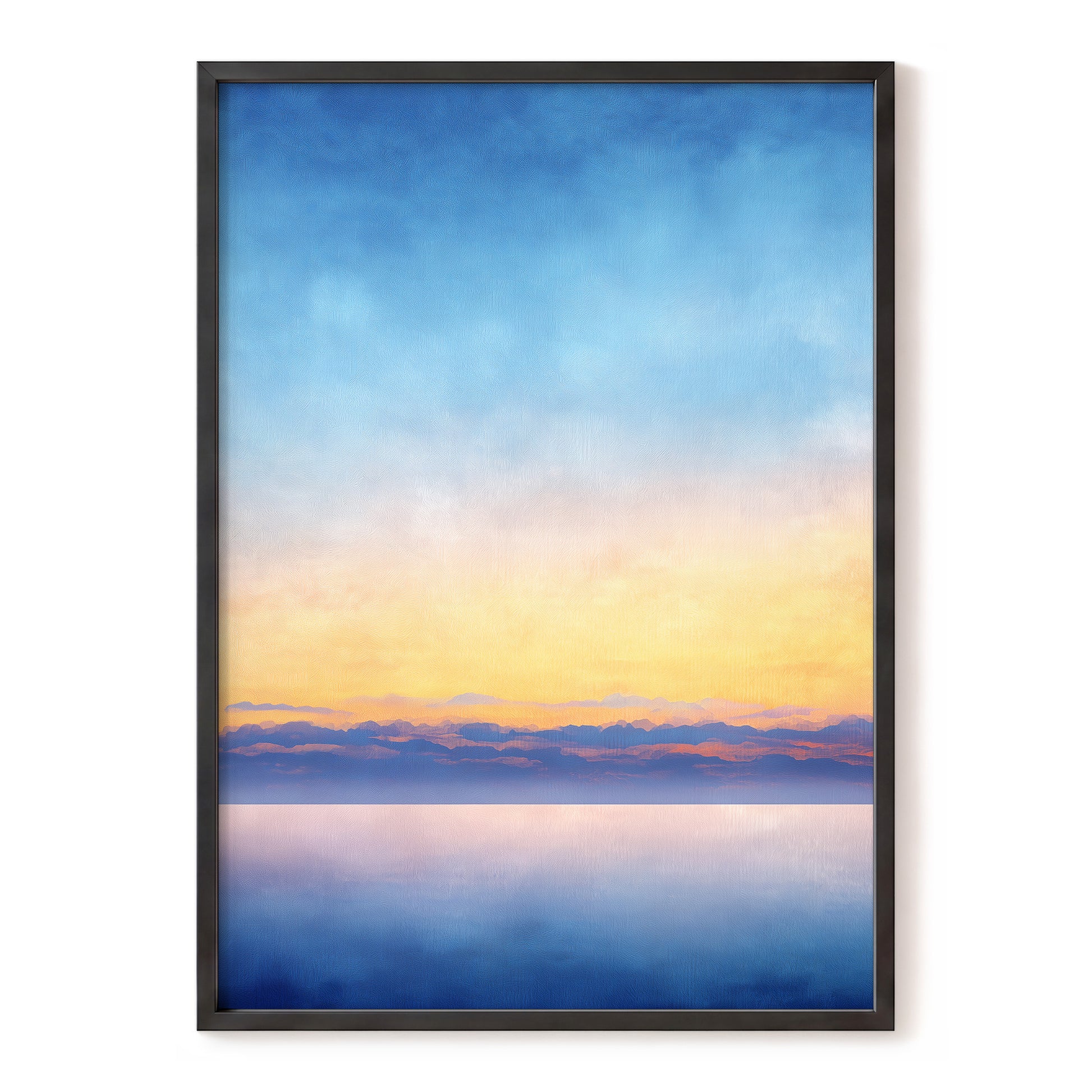 Gilded Blue Horizon – blue, gold, pink nature wall art, front view