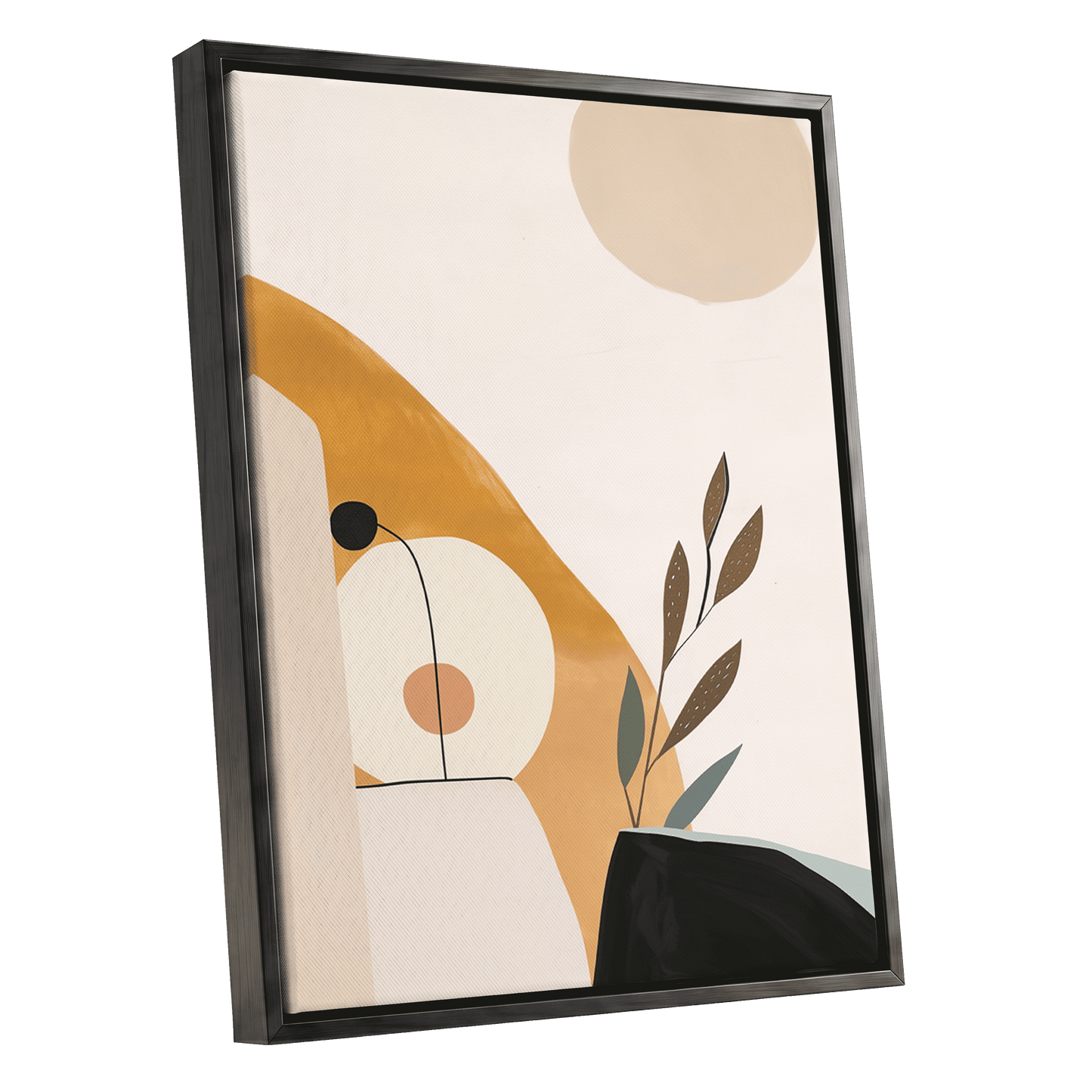 Gilded Botanical Balance, beige, gold, black nature wall art shown as a black framed canvas wall art