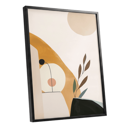 Gilded Botanical Balance, beige, gold, black nature wall art shown as a black framed poster wall art print
